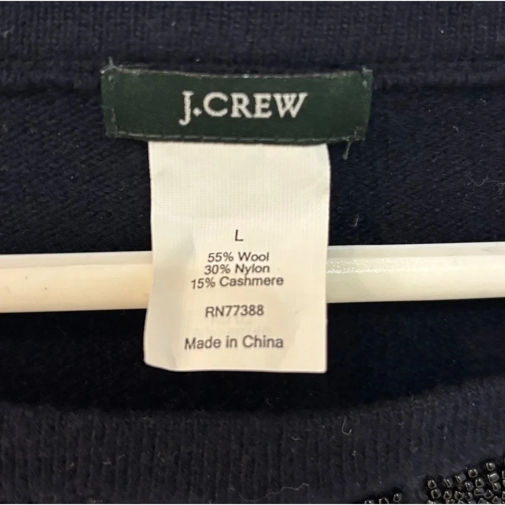 J. Crew Navy Beaded Bow Sweater Size L Wool Cashmere Blend 3/4 Sleeve‎